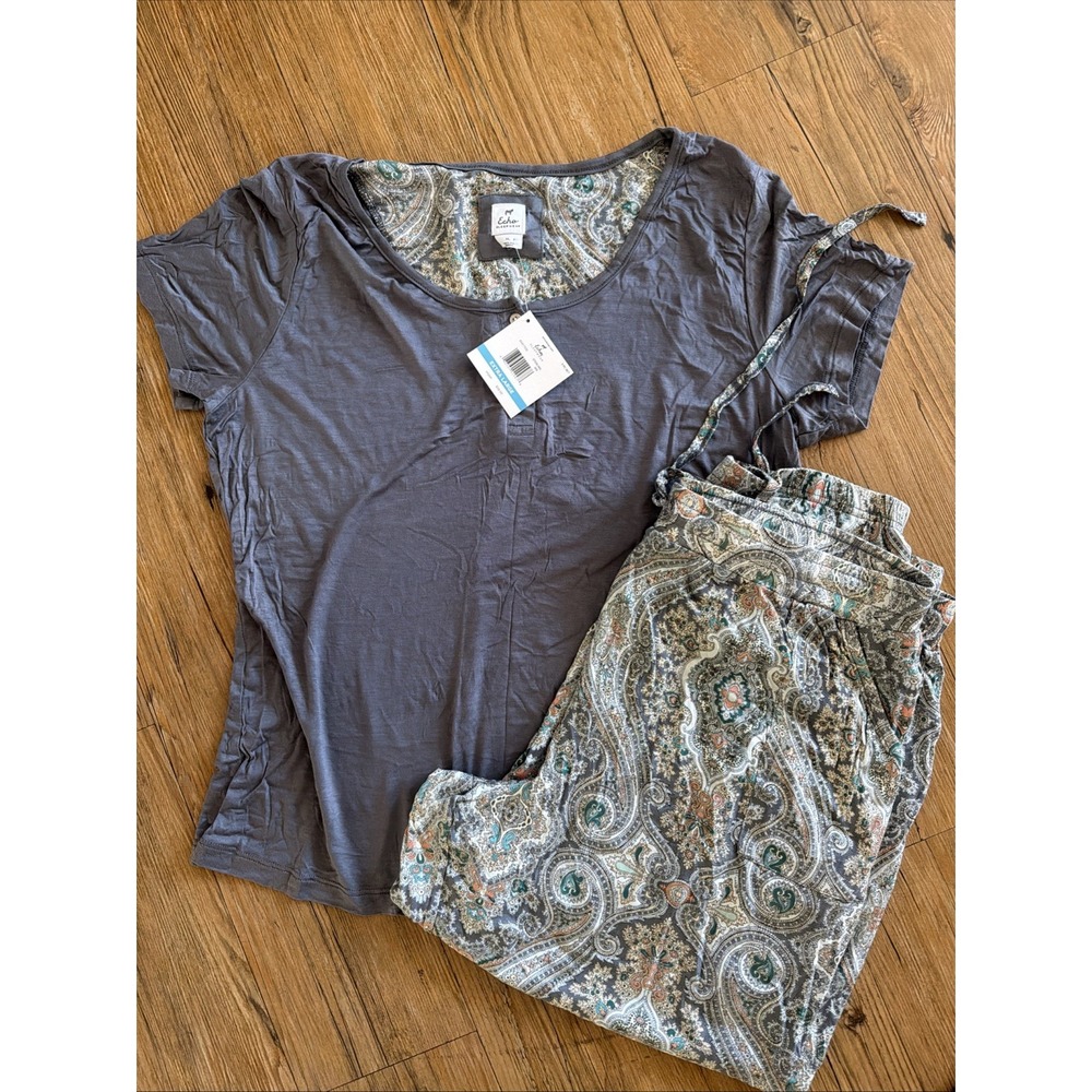 echo sleepwear Lounge Set Plus Size XL Grey Paisley Print Cropped Pants NWT